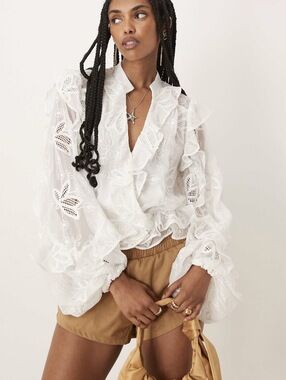 Bardot Frill Embroidered White Blouse NWT